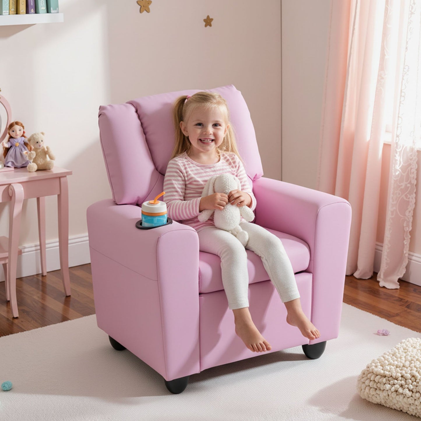Kids Recliner Chair Push Back Toddler Reclining Armchair with Cup Holder-White