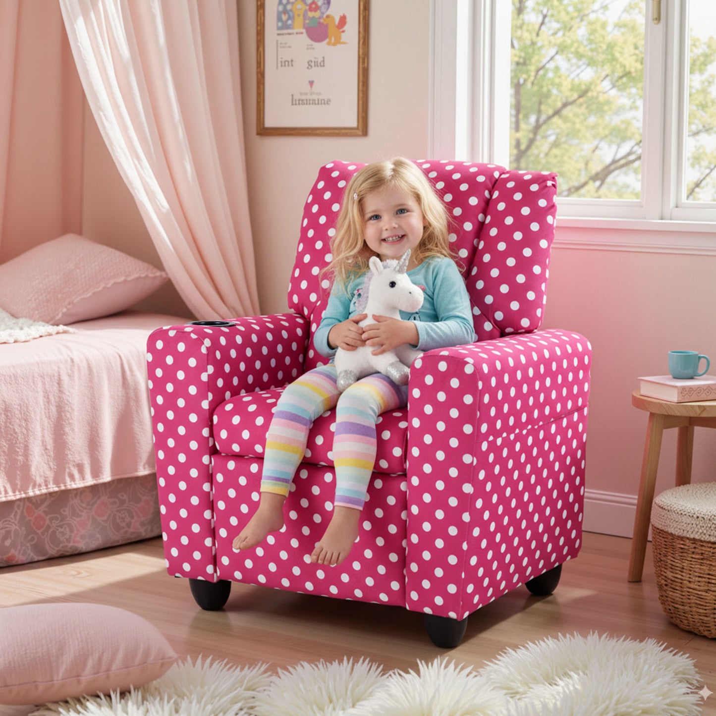 Kids Recliner Chair Push Back Toddler Reclining Armchair with Cup Holder-White