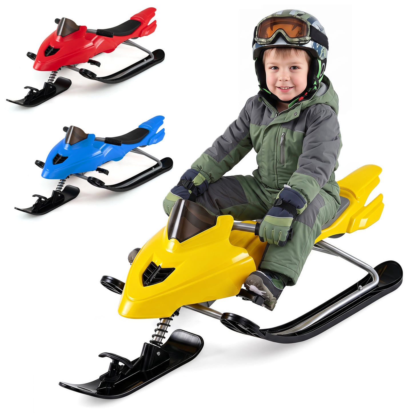 Kids Snow Racer Sled with Brakes & Tow Ropes and Steering Handle for Winter-Blue