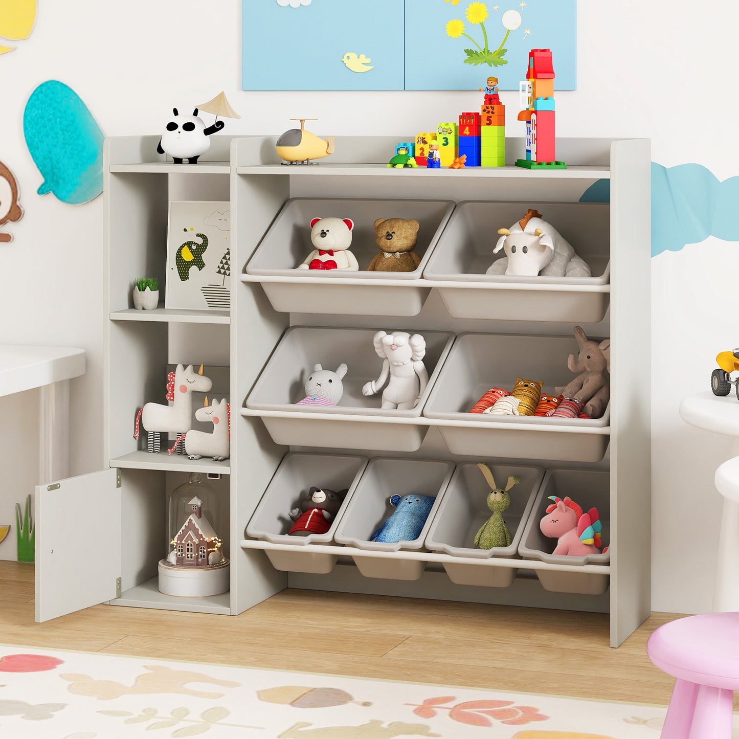 Kids Toy Storage and Bookshelf with Open Shelves and Single-door Cabinet-Gray