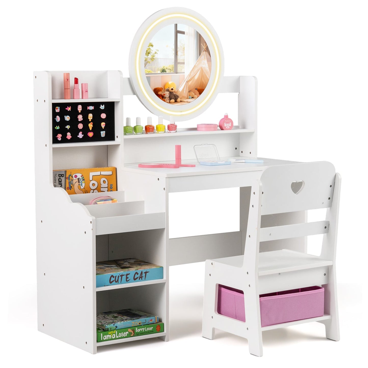 Kids Vanity Desk with Mirror and Lights Princess Pretend Play Dressing Table and Chair Set-White