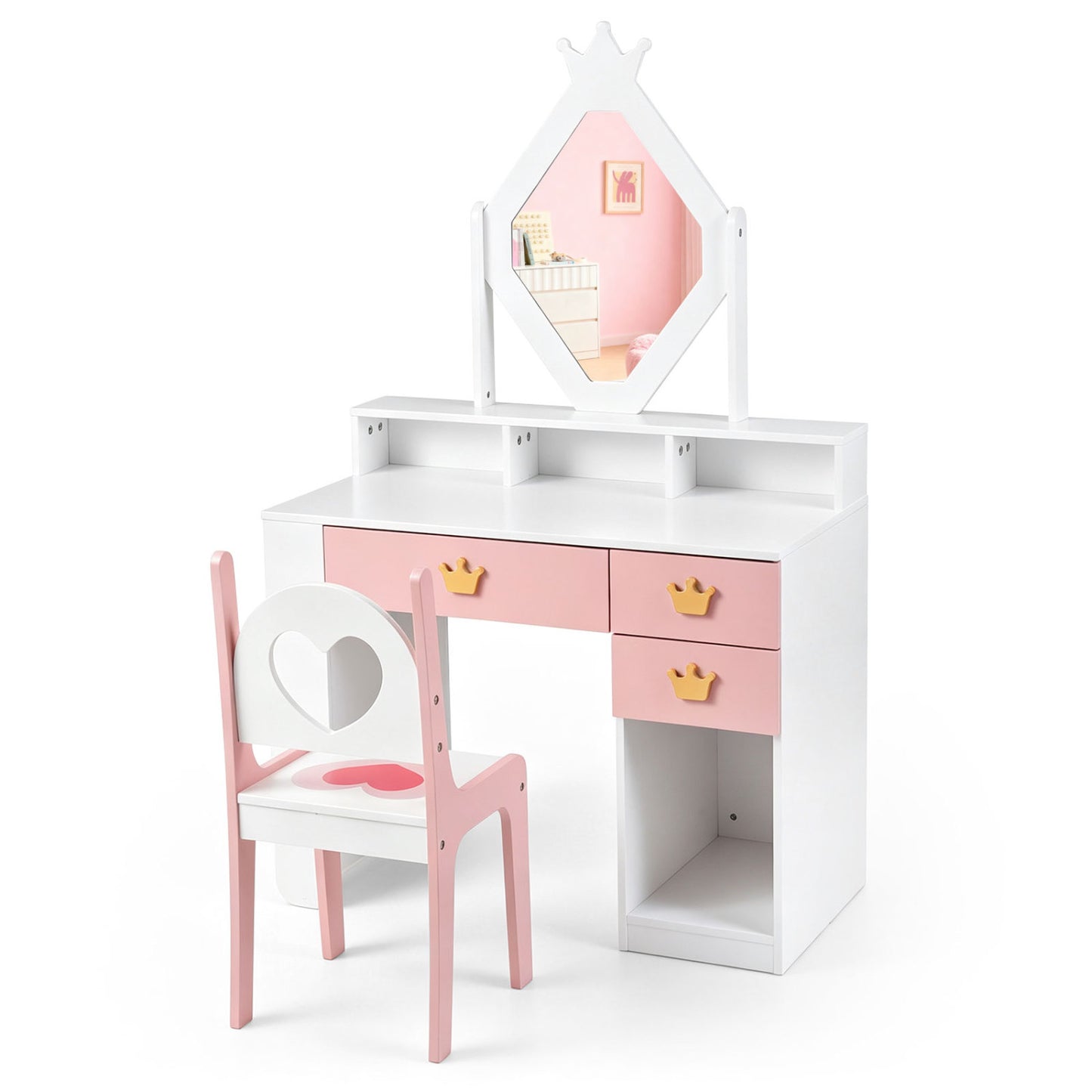 Kids Vanity Set with Crown Mirror & Chair for Girls-White