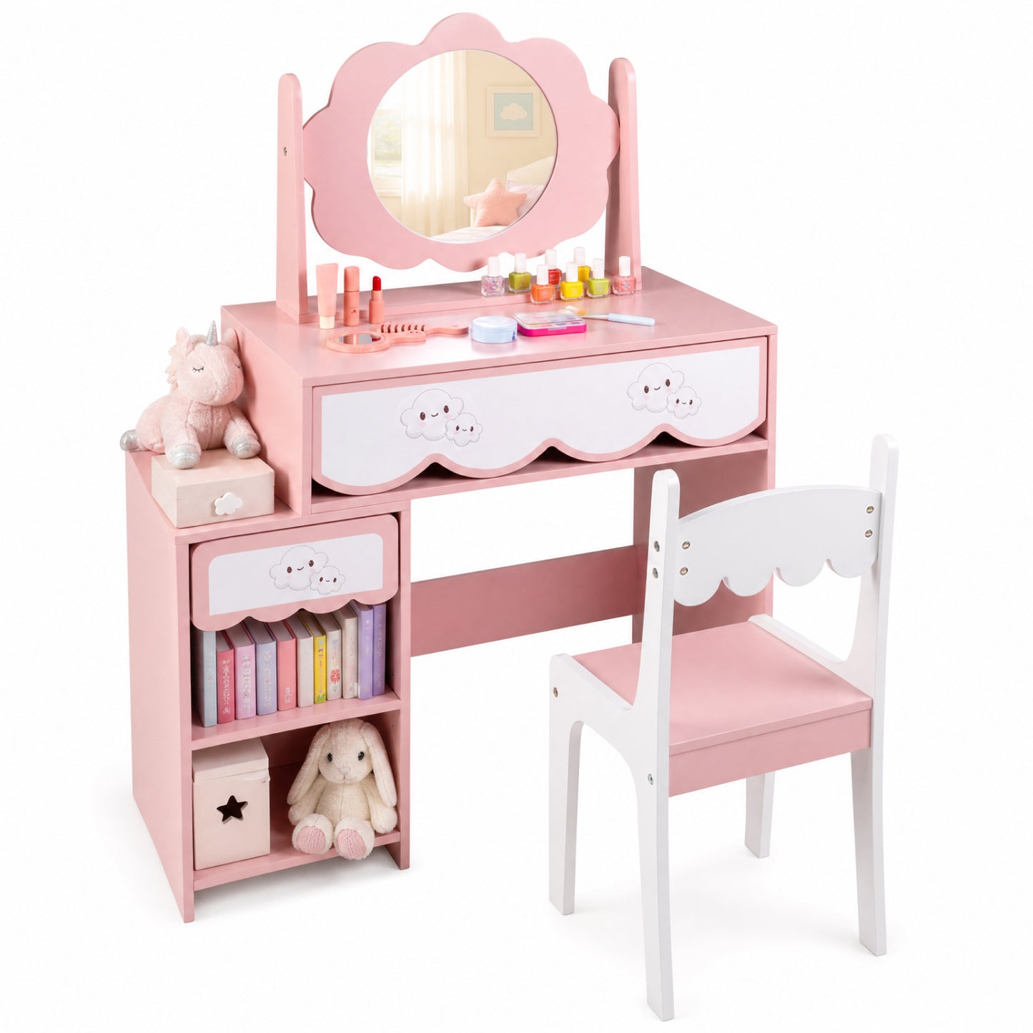 Kids Vanity Set with 360° Rotating Mirror & Chair for Girls-Pink