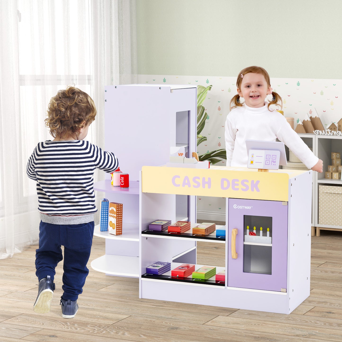 Kids wooden supermarket play toy set with purple checkout counter, including shelves and pretend grocery items for imaginative play.