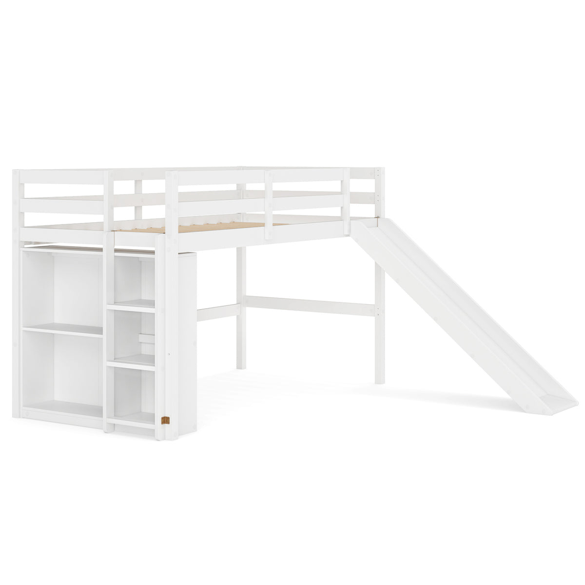 Kids Wooden Twin Size Loft Bed Frame with Slide and Ladder-White