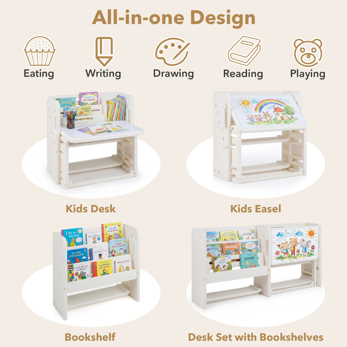 Kids white writing desk and chair set with side bookshelves, ideal for toddlers and young children, from Wilsons Home Store.