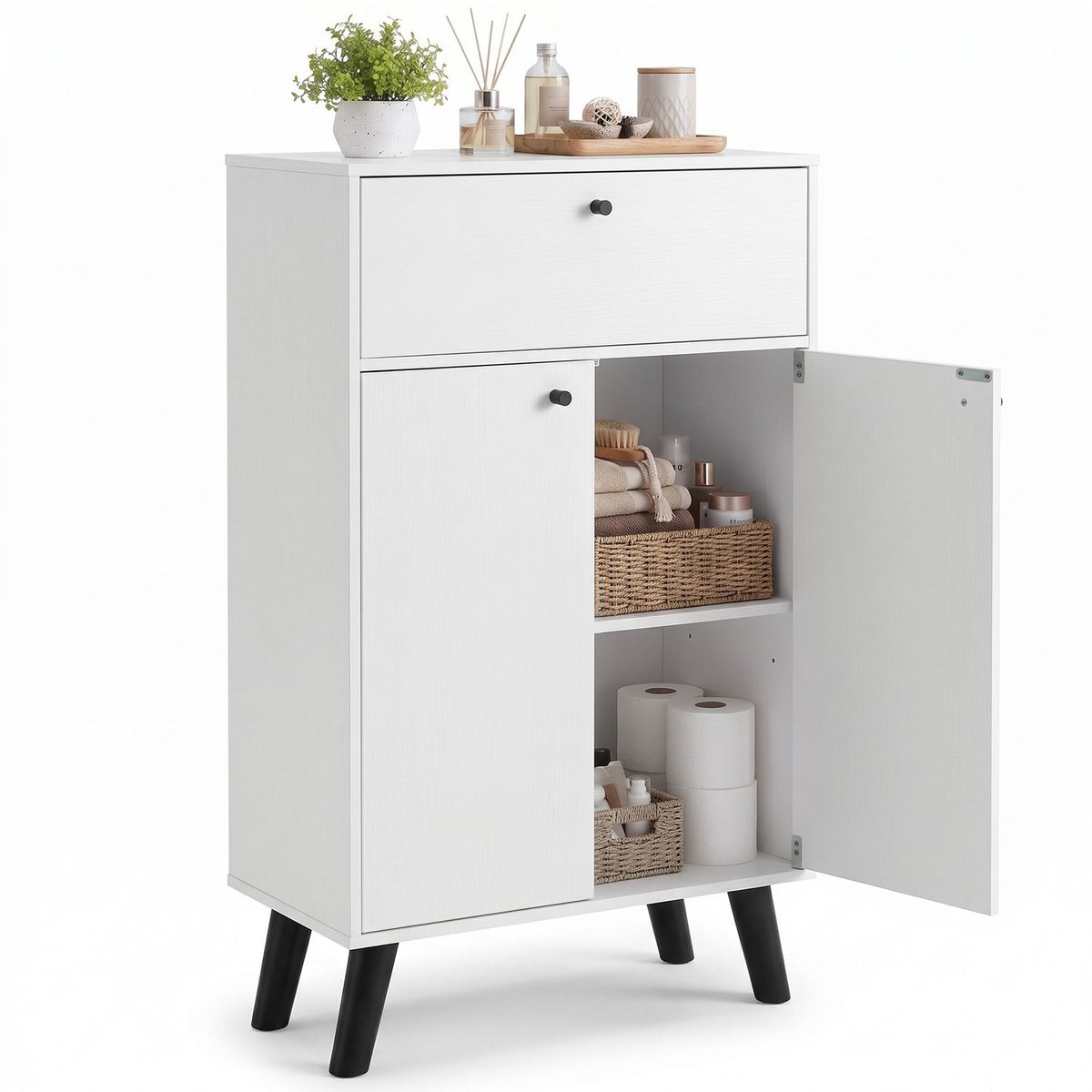 White kitchen buffet cabinet with one drawer, two doors, and adjustable shelves, perfect for dining room storage.