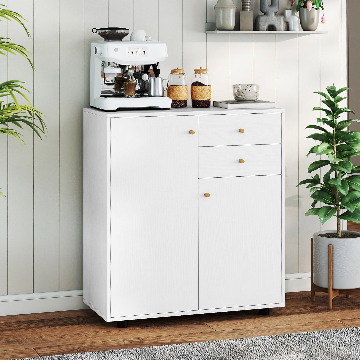 Kitchen Sideboard Buffet Cabinet Coffee Bar Cabinet with 2 Drawers 2 Doors and 3 Adjustable Shelves-White
