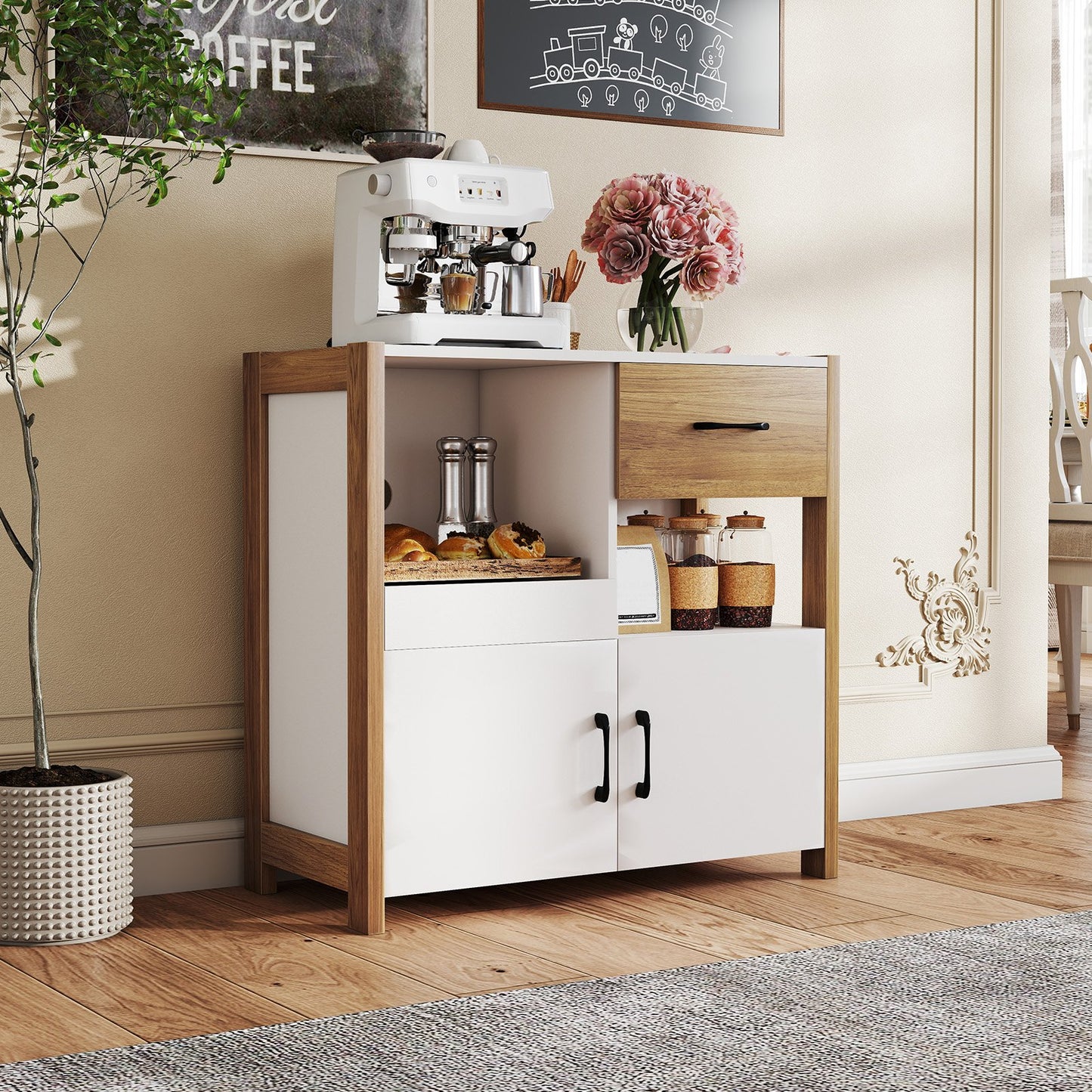 Kitchen Storage Cabinet with Drawer Pull-Out Shelf and 2 Doors-White