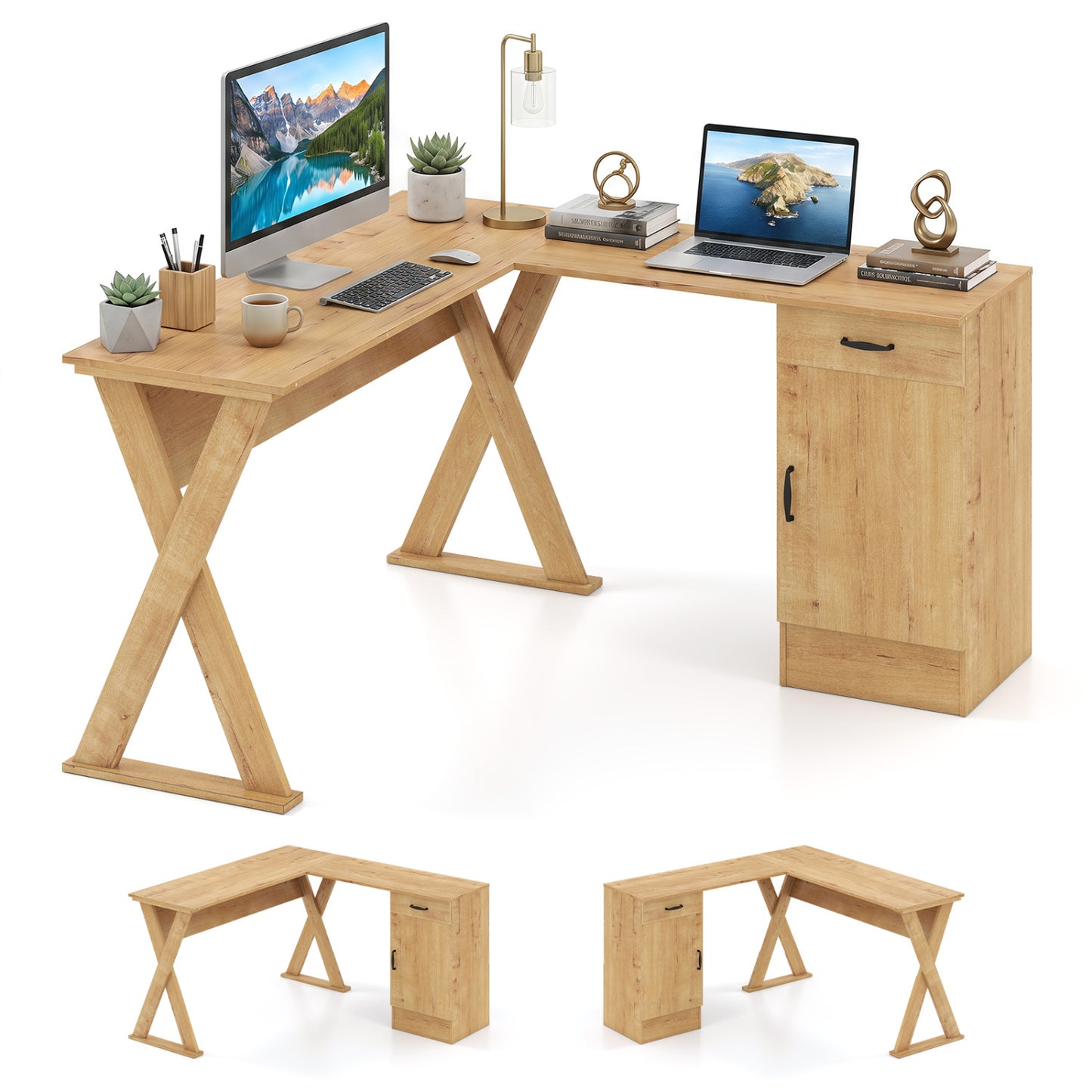 L-Shaped Computer Desk with Reversible Drawer and Cabinet for Bedroom and Small Spaces Workstation-Oak