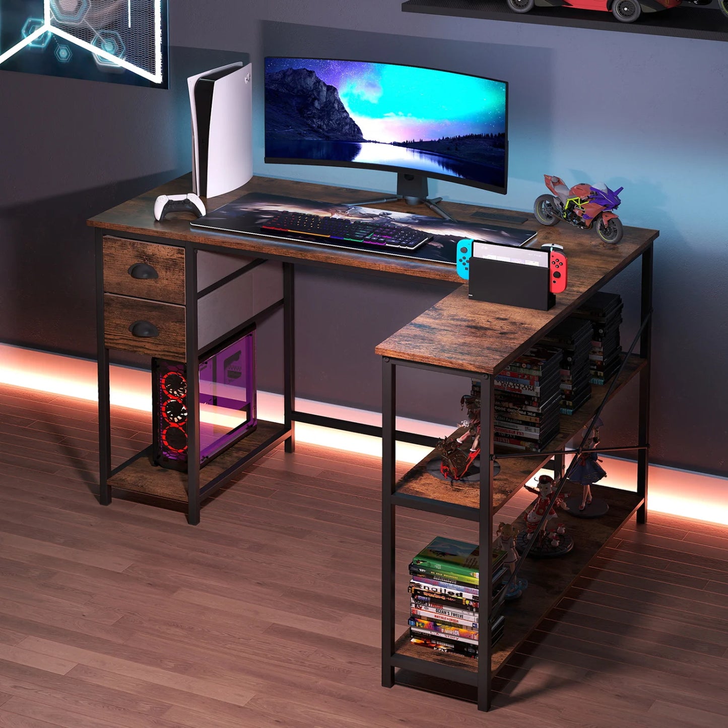 L Shaped Desk with Charging Station Corner Computer Desk with 2 Fabric Drawers-Oak