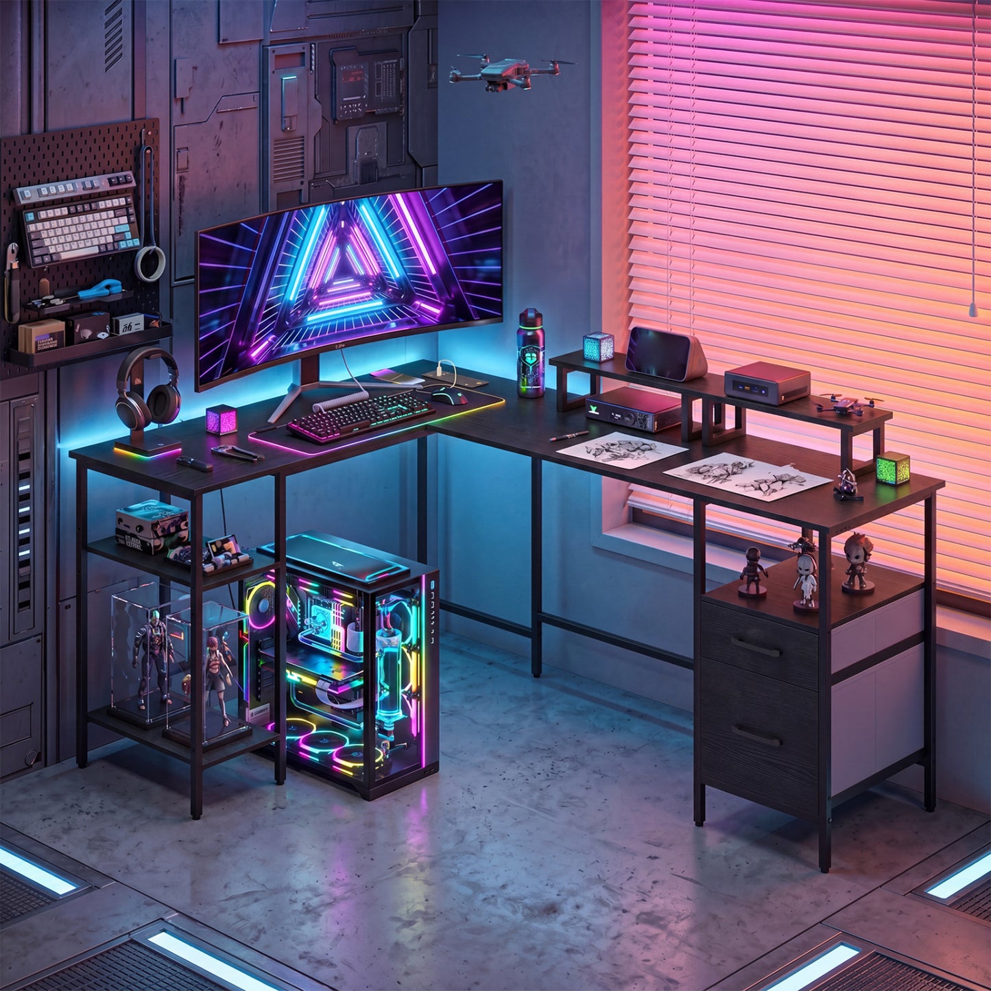 Black L-shaped computer desk with power outlet and monitor stands, reversible design for home office workspace.