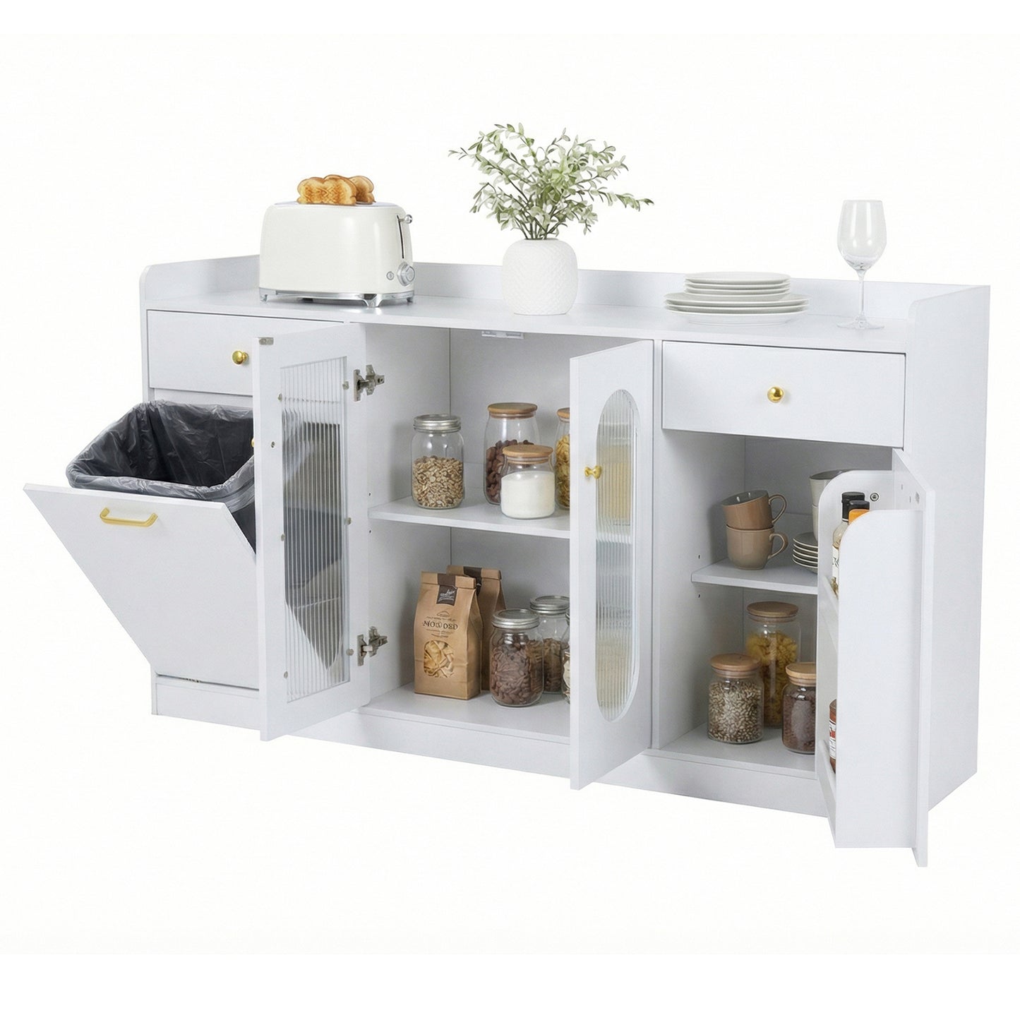 Large Buffet Cabinet Hidden Tilt Out Trash Can Cabinet with 2 Glass Doors-Black