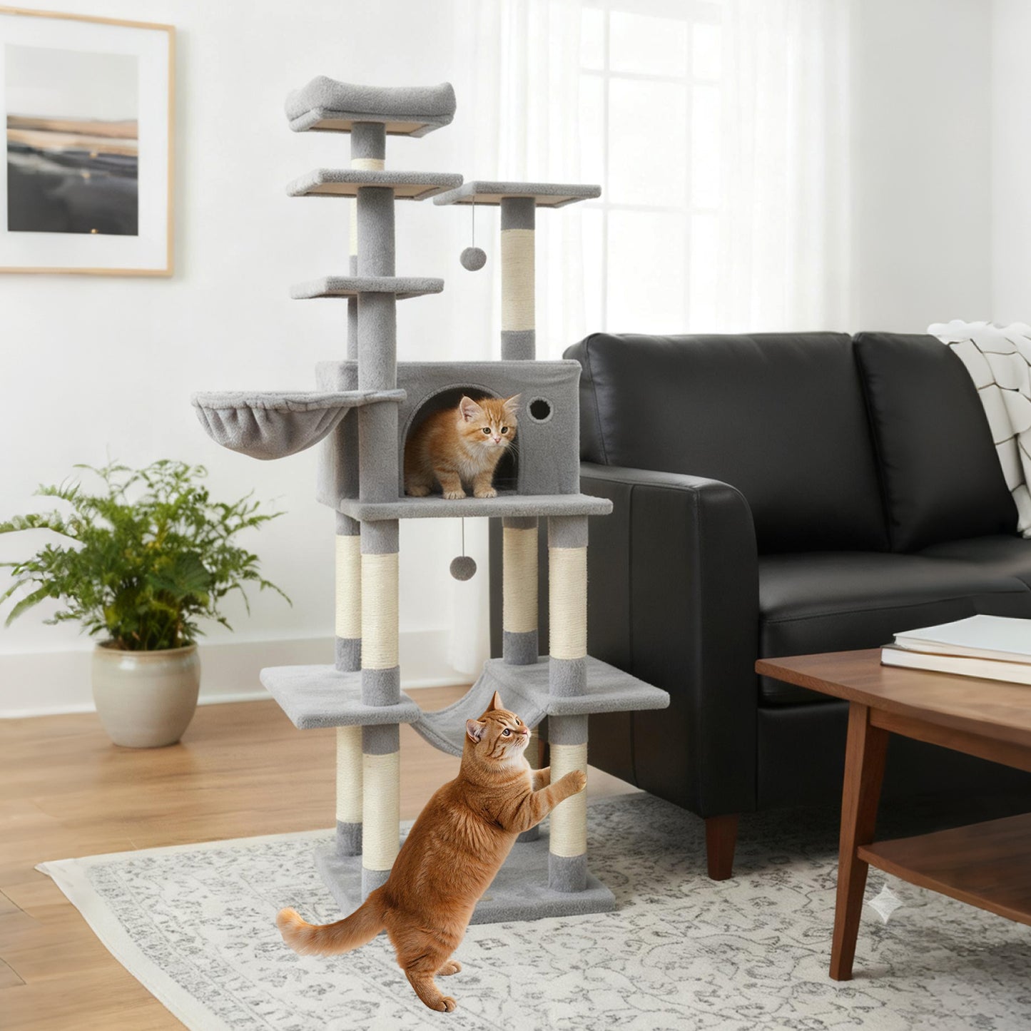 Large Cat Tree for Indoor Cats 63" Tall Cat Tower-Beige