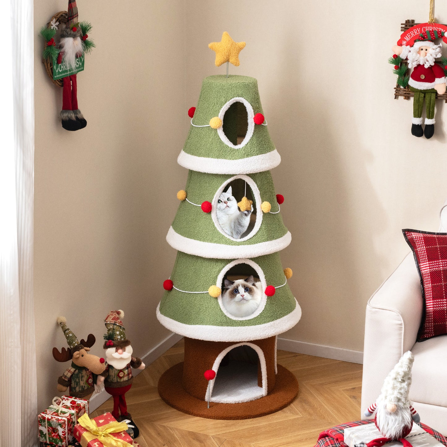 Large Christmas Cat Tree for Indoor Cats 61 Inch Cute Cat Tower with 4 Condos-Green