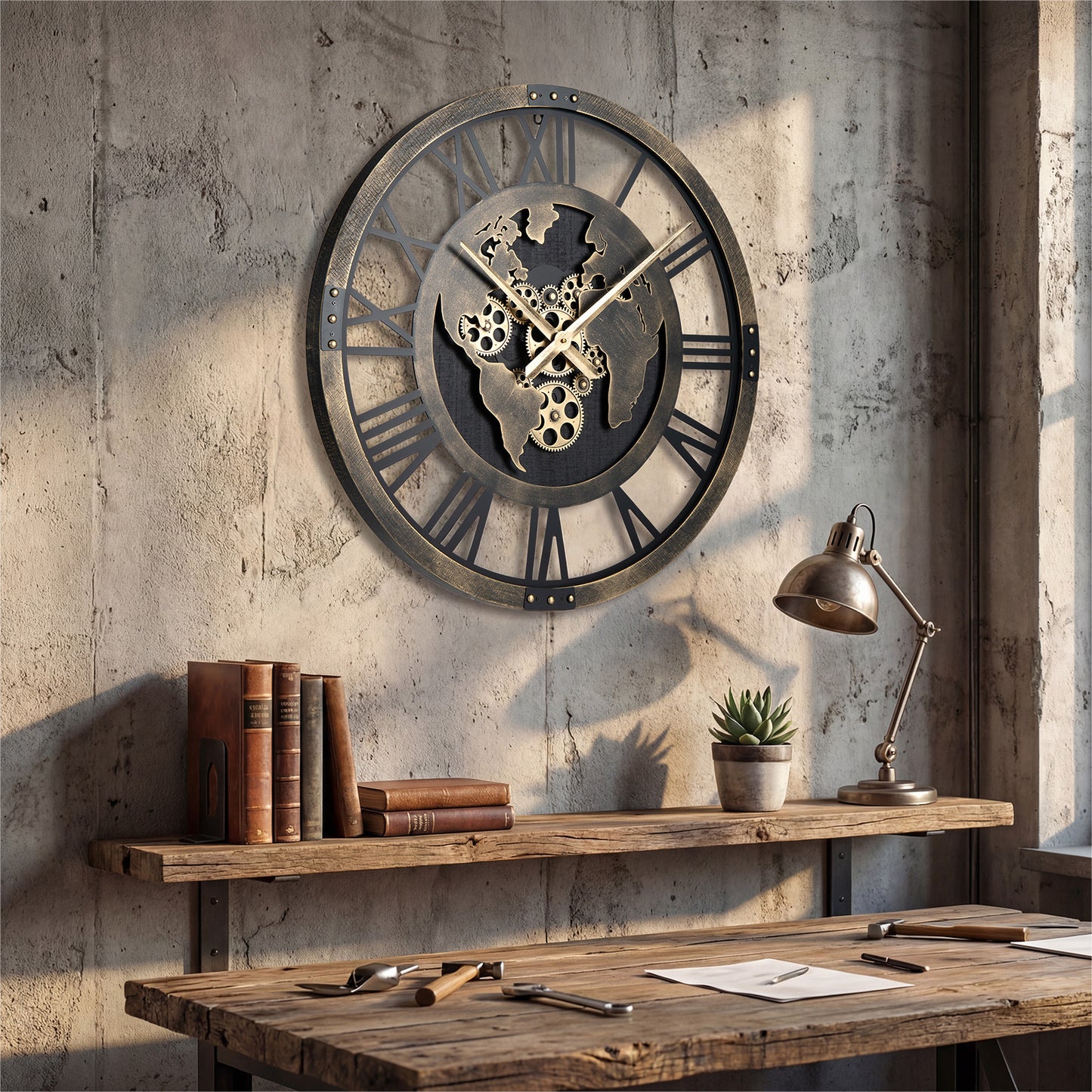 Large Wall Clock 27" Gear Clock with World Map-Brown