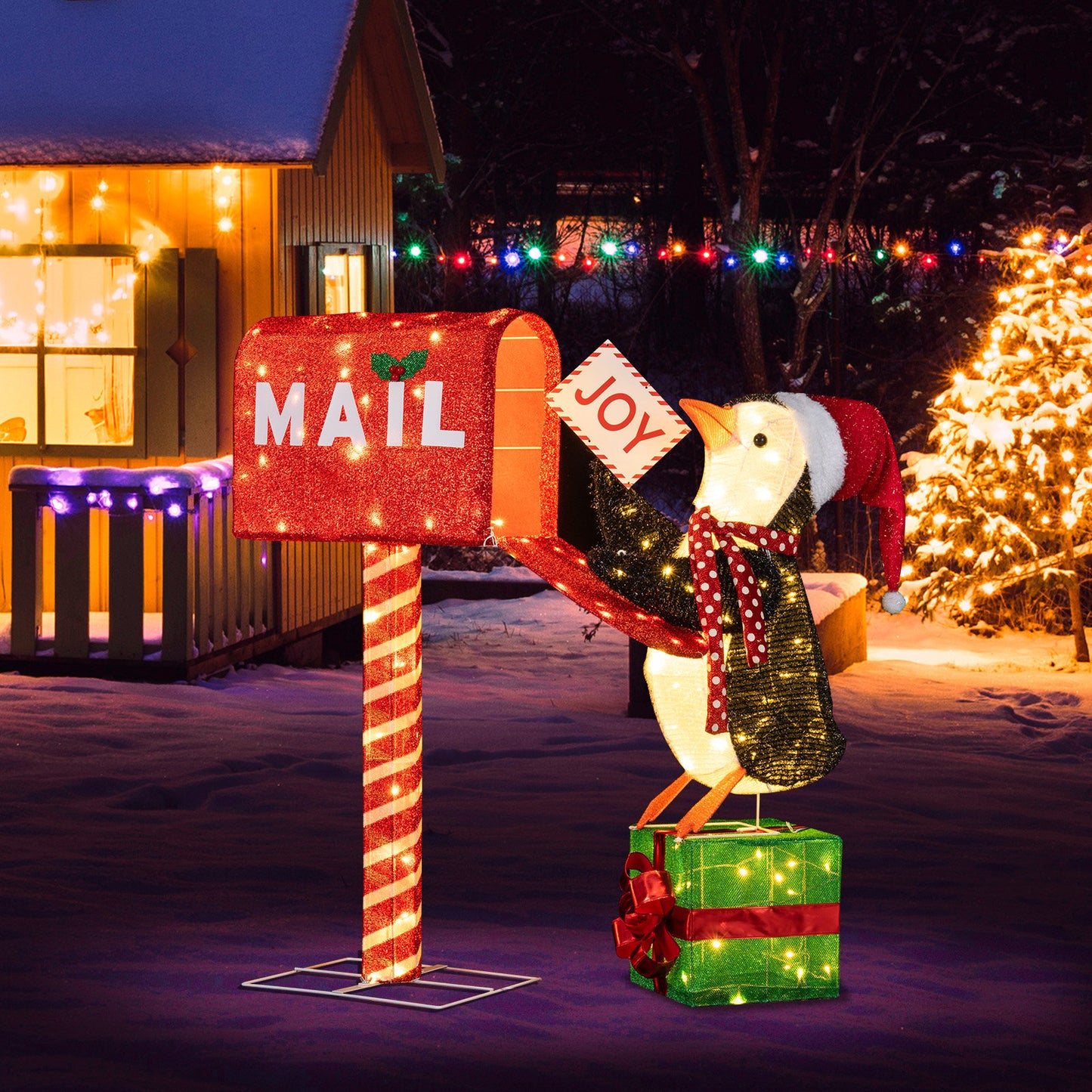 Lighted Christmas Decoration Mailbox and Penguin 3D Pre-Lit Xmas Holiday Decoration