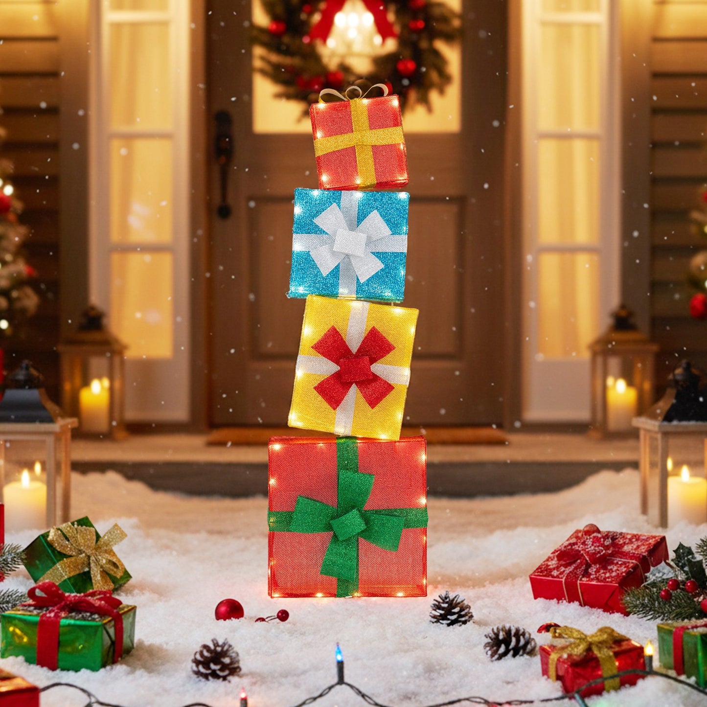 Lighted Gift Boxes Christmas Decoration 2D Set of 4 Pre-Lit Stacked Xmas Gift Boxes