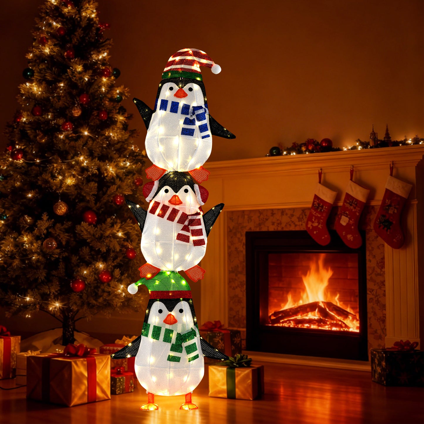 Lighted Penguins Decoration with Warm White Lights and Cute Hats