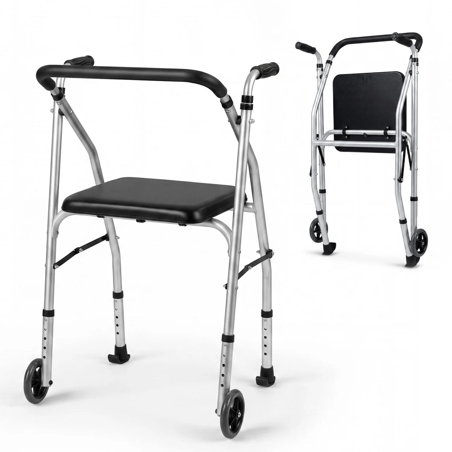 Black lightweight aluminum mobility walker with padded seat, 2 wheels, and adjustable height for seniors.