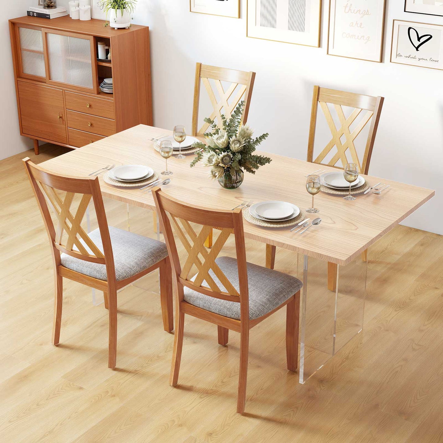 Linen Fabric Upholstered Wooden Dining Chair Set of 4 with Rubber Wood Frame for Dining Room-Gray