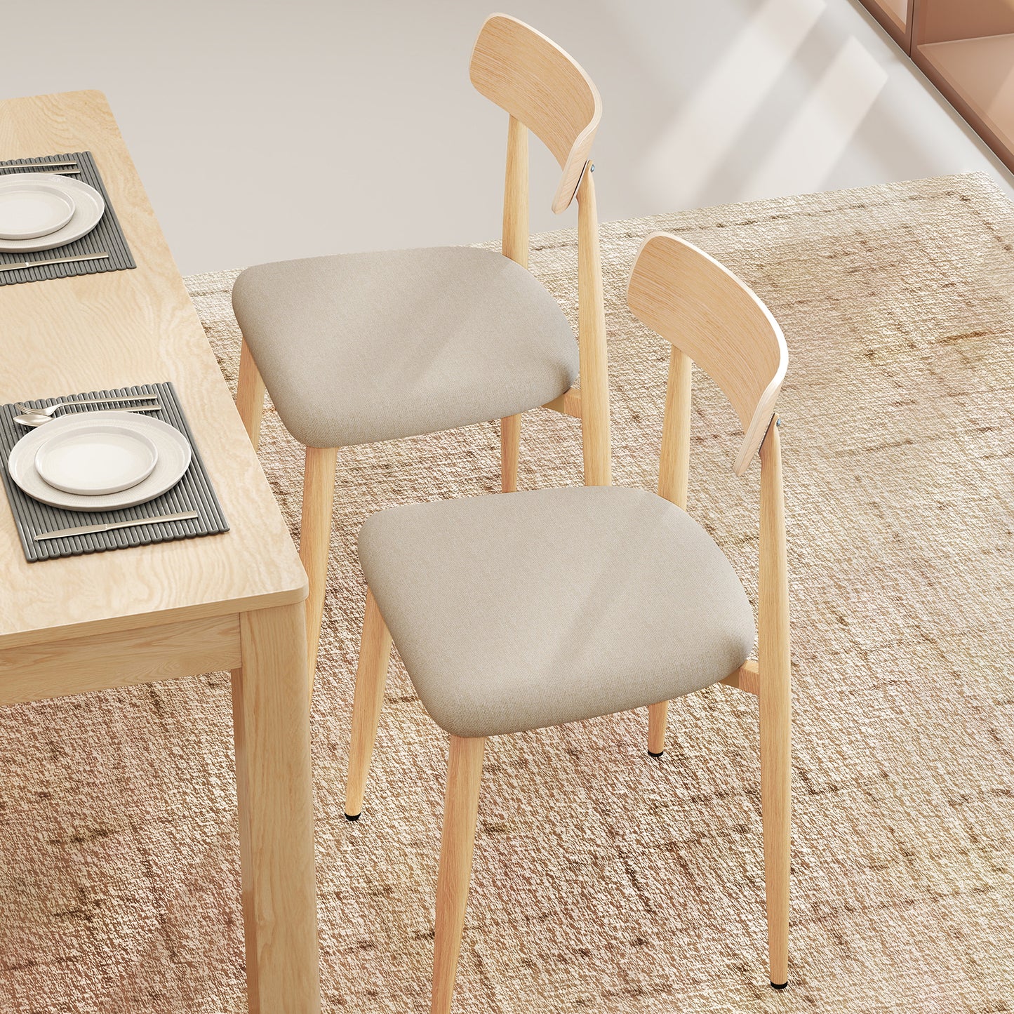 Linen Fabric Upholstered Modern Dining Chair Set of 2 with Padded Seat and Curved Back-Oak