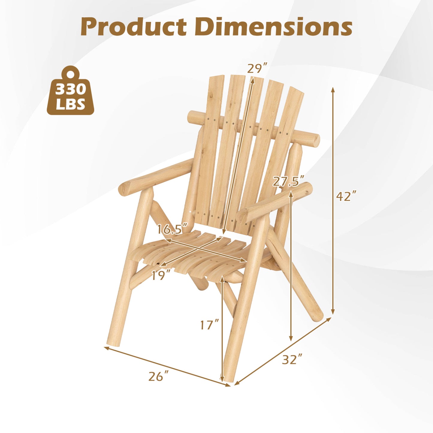 Log Wood Patio Chair with Slatted Backrest for Deck Backyard-Brown