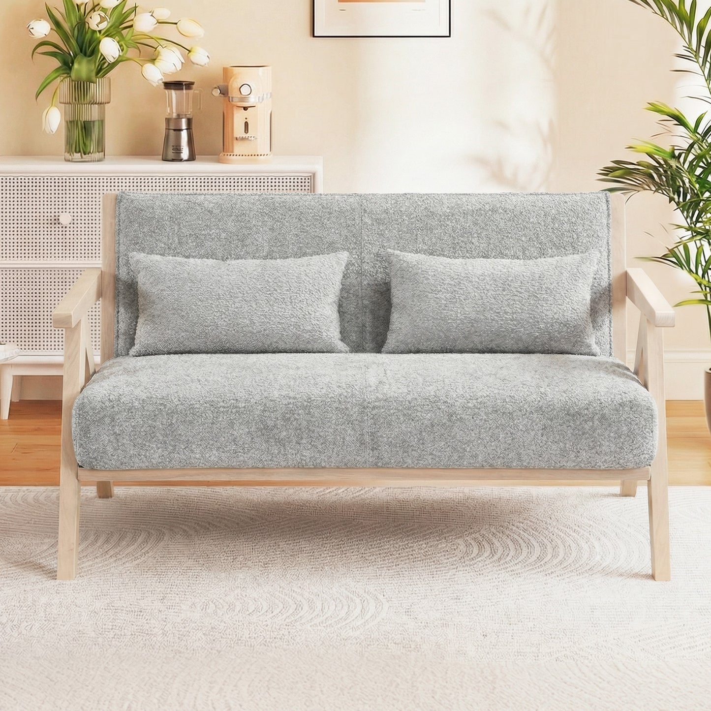 Loveseat Sofa for Small Spaces with Throw Pillows Rubber Wood Frame Padded Seat-Brown