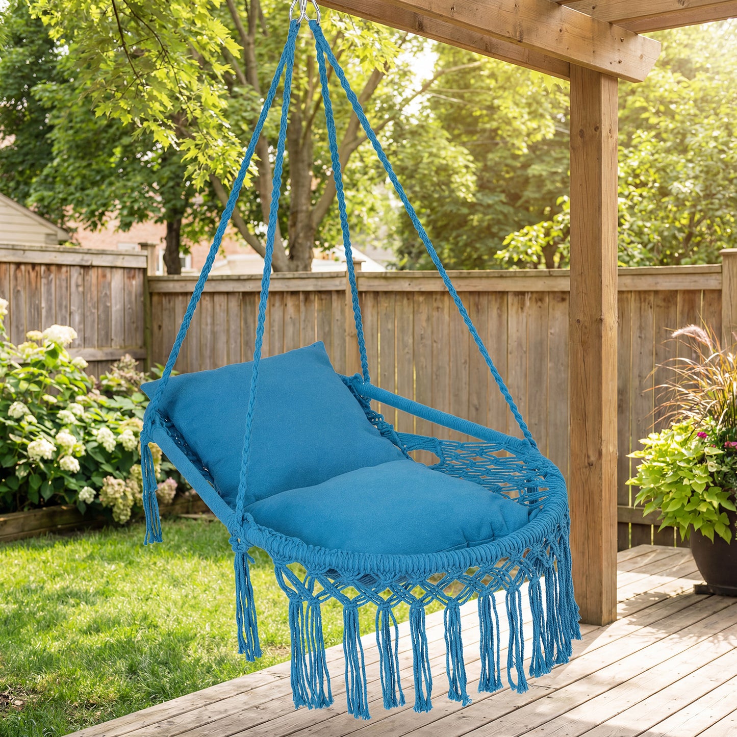 Macrame Swing Chair Hammock Chair with 2 Removable Cushions-Beige