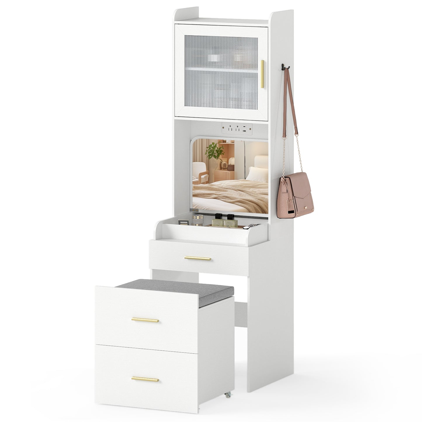 Makeup Vanity with Power Outlets and Flip-top Mirror and Storage Stool-White