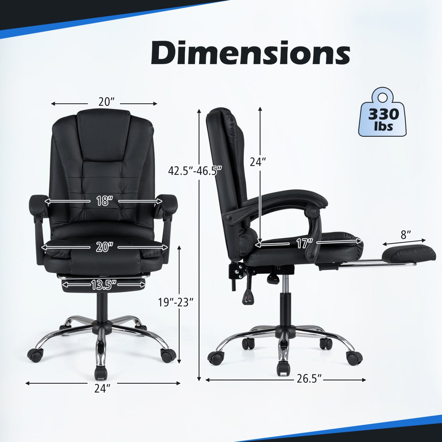 Massage Office Chair with Footrest & Reclining Backrest and Swivel Seat-Black