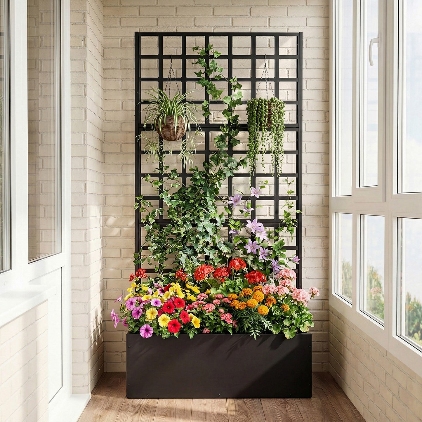 Metal Raised Garden Bed with Trellis and Drainage Holes for Climbing Plants-Black