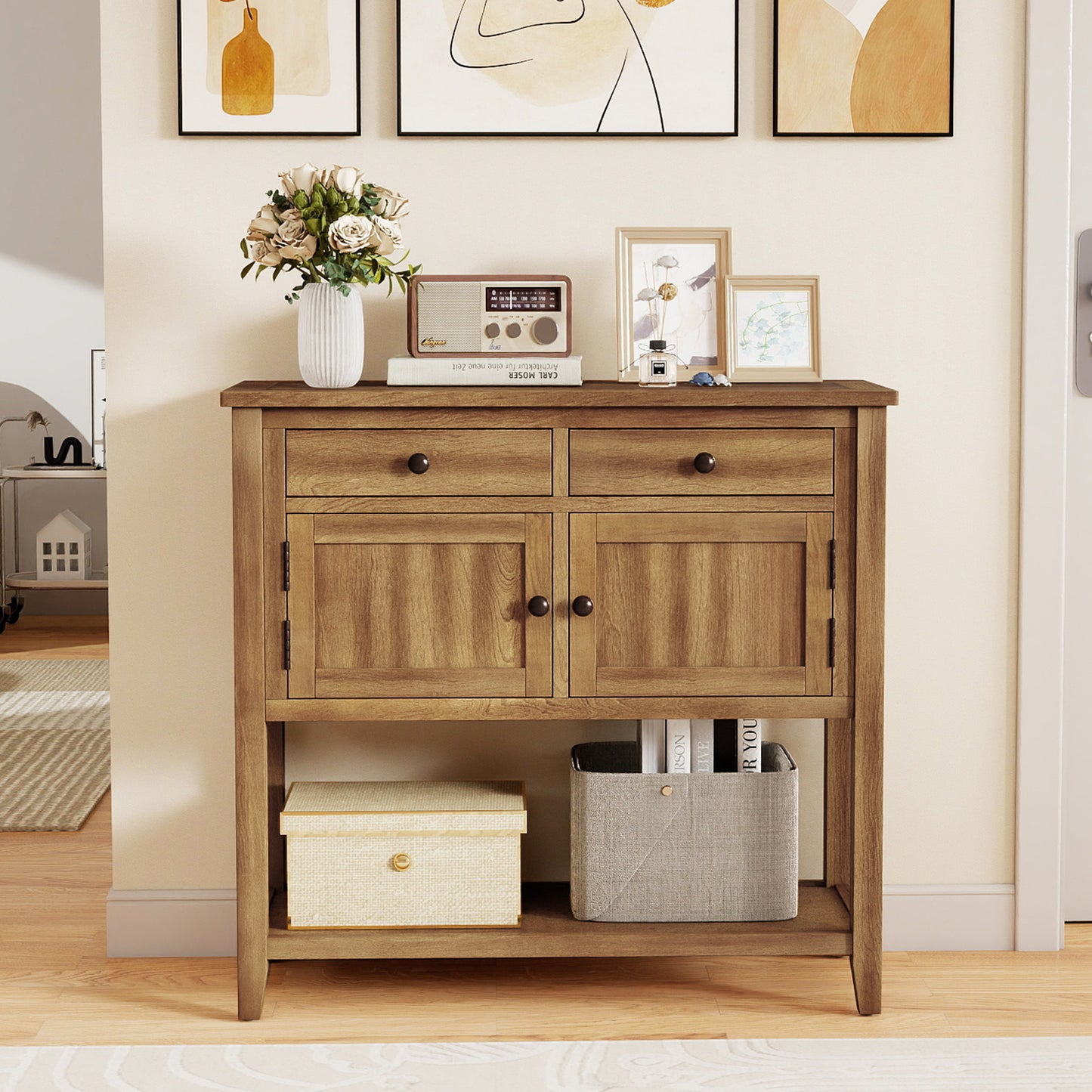 Mid-Century Console Table Wood Coffee Bar Buffet Sideboard with 2 Drawers-Walnut