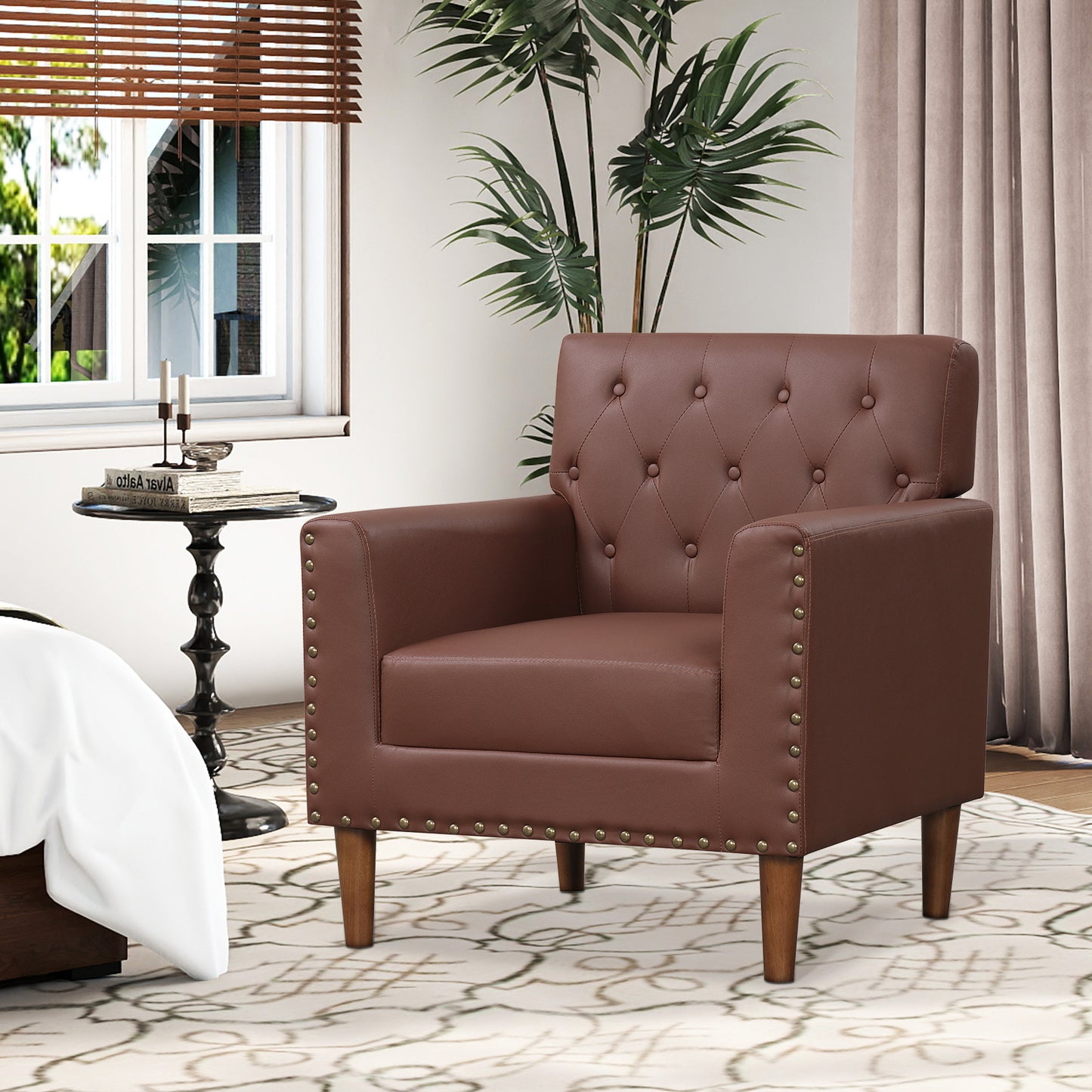 Mid Century Modern Accent Chair with Button Tufted Decoration and Rivets-Blue