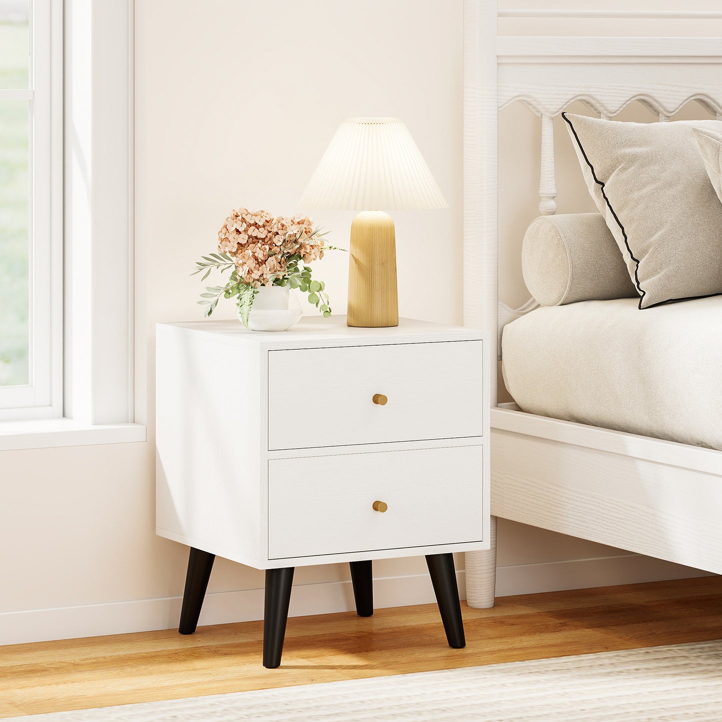 Mid Century Modern Bedside Table Nightstand with Golden Knobs and Raised Support Legs-White