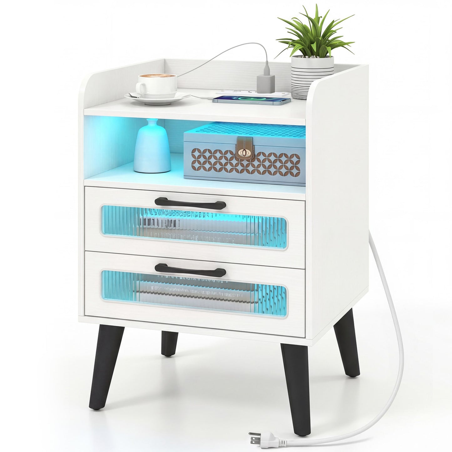 White mid-century modern nightstand with built-in charging station and LED lights, stylish bedroom furniture by Wilsons Home Store