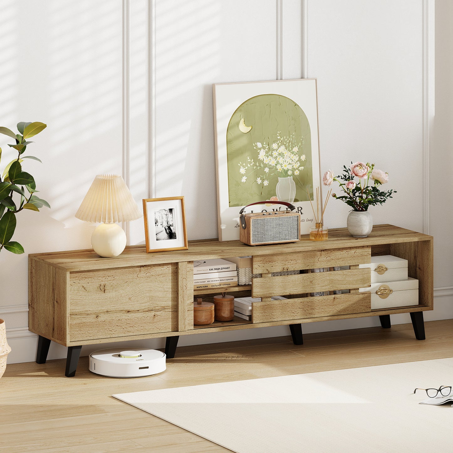 Mid Century Modern TV Stand for 80 Inch TVs with Sliding Door Cabinets and Storage Shelves-Oak