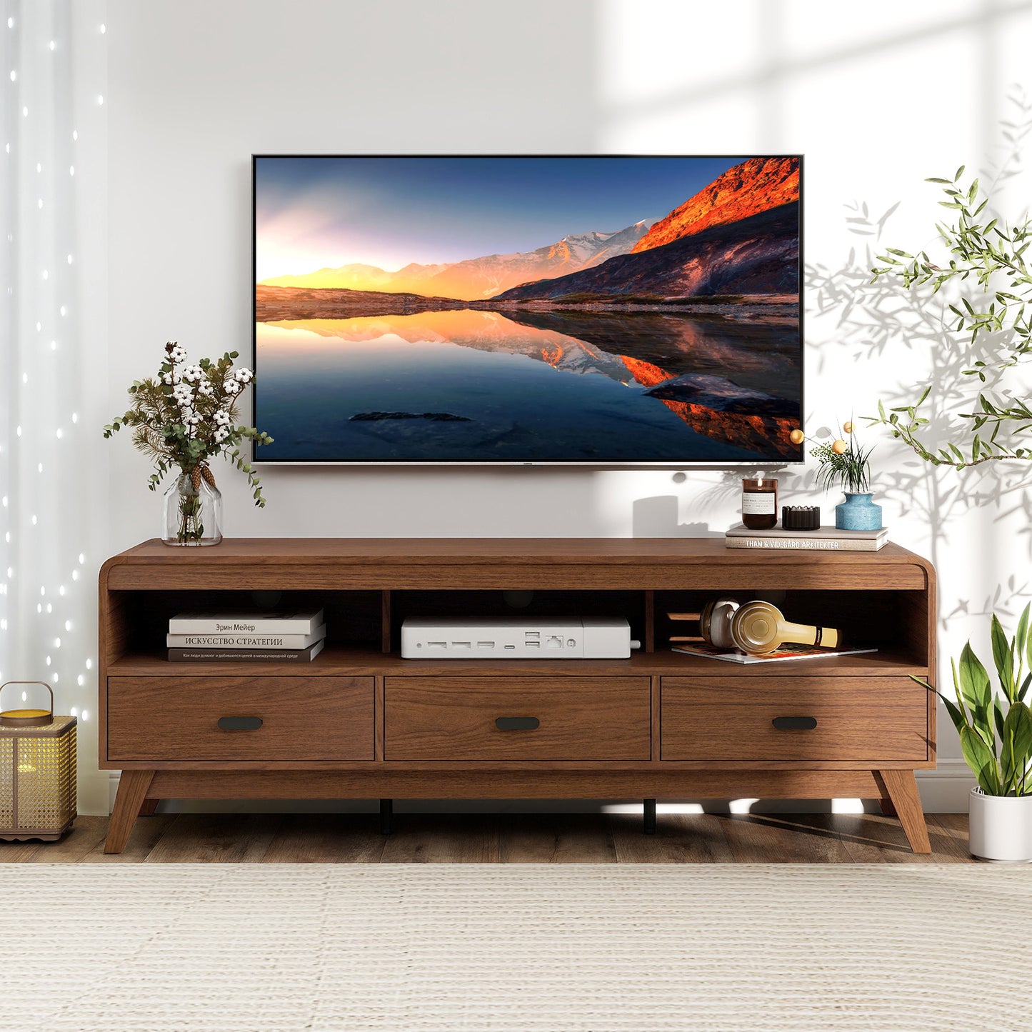 Mid Century Modern TV Stand for TVs up to 70" with 3 Storage Drawers and Open Shelves-Walnut