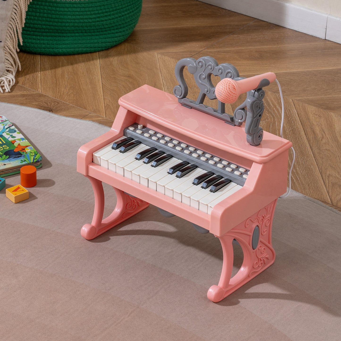 Mini Keyboard Piano 25 Keys Electric Piano with Music Stand and Microphone for Toddlers 3+ Years Old-Pink