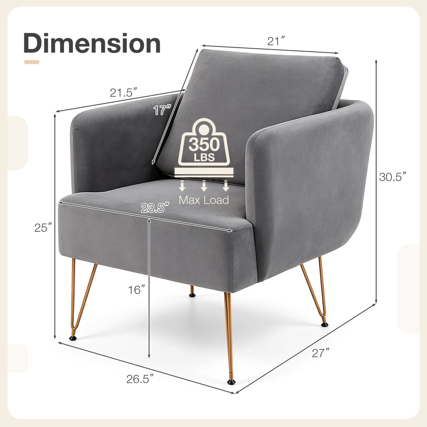 Modern Accent Chair w/Back Cushion & Golden Metal Legs for Living Room Bedroom-Beige