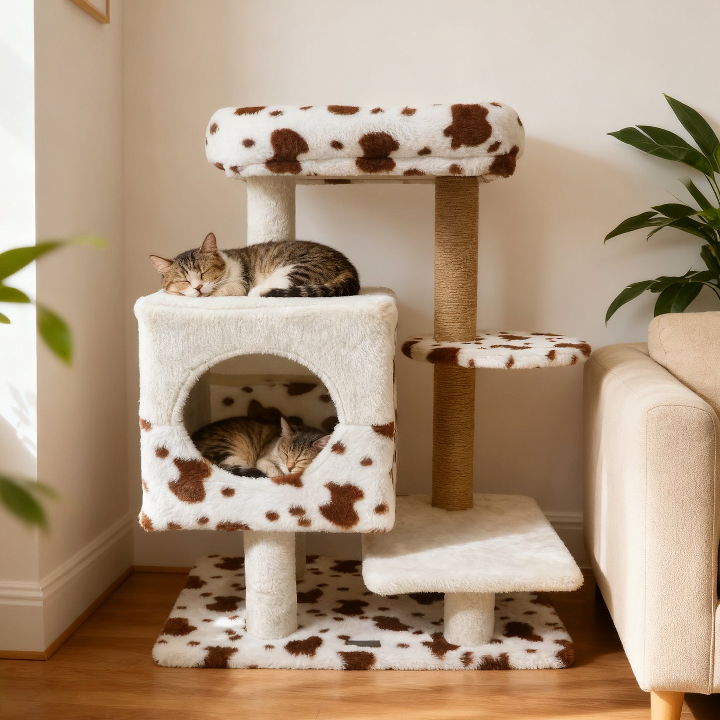 Modern Cat Tree Indoor Cat Tower with Wide Upholstered Perch and 2-Entrance Cat Condo-White