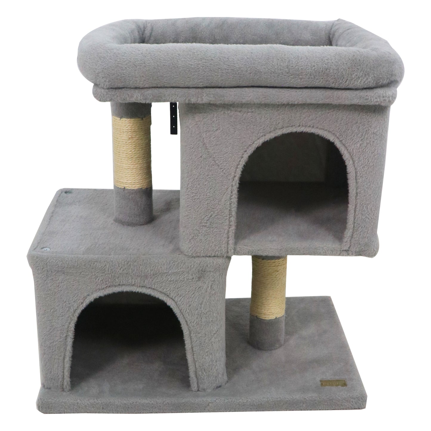 Modern Cat Tree Space-saving Cat Tower with Upholstered Perch and 2 Cat Condos-Beige