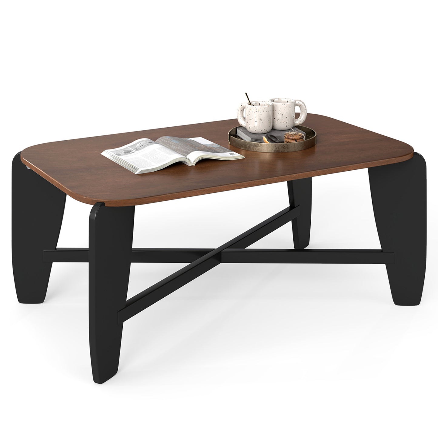 Modern Coffee Table with Rubber Wood Cross-Leg Base Rectangular Center Table-Black