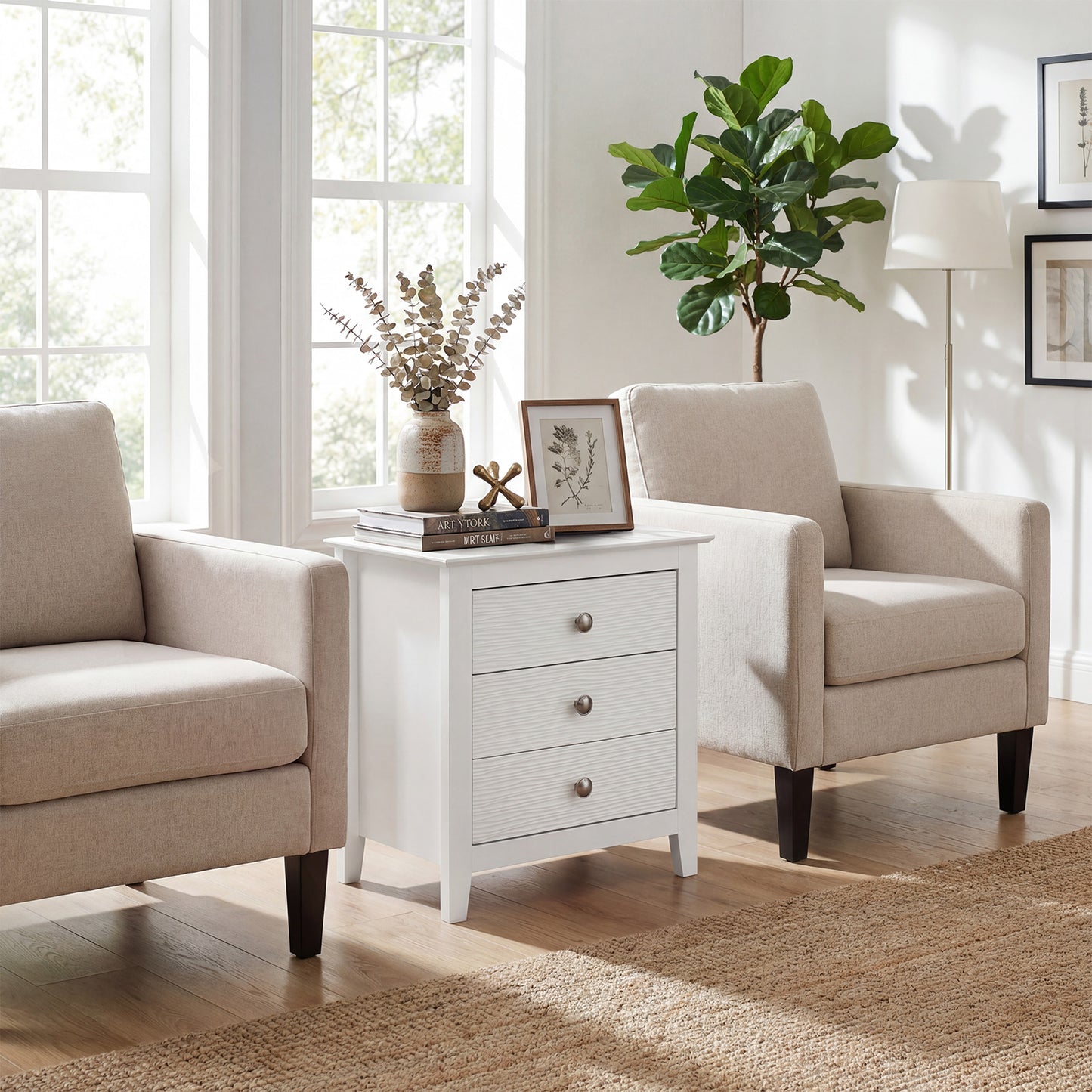 Modern Farmhouse 3-Drawer NightStand with Wood Grain Accents and Sleek Knobs-White