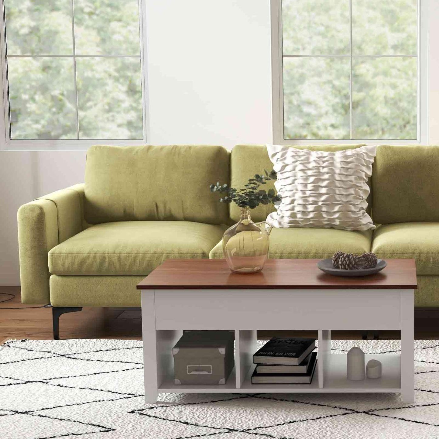 Modern Living Room Set: Modular L-shaped Sectional Sofa Lift Top Coffee Table & 3-Globe Floor Lamp