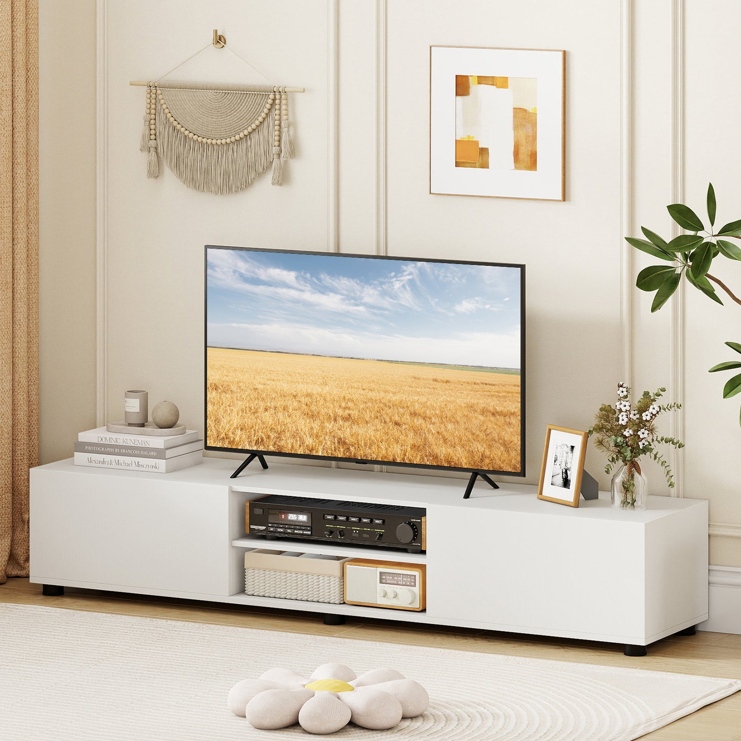 Modern TV Stand for up to 70" TVs Minimalist Entertainment Center with 2 Doors and Open Shelves-Natural