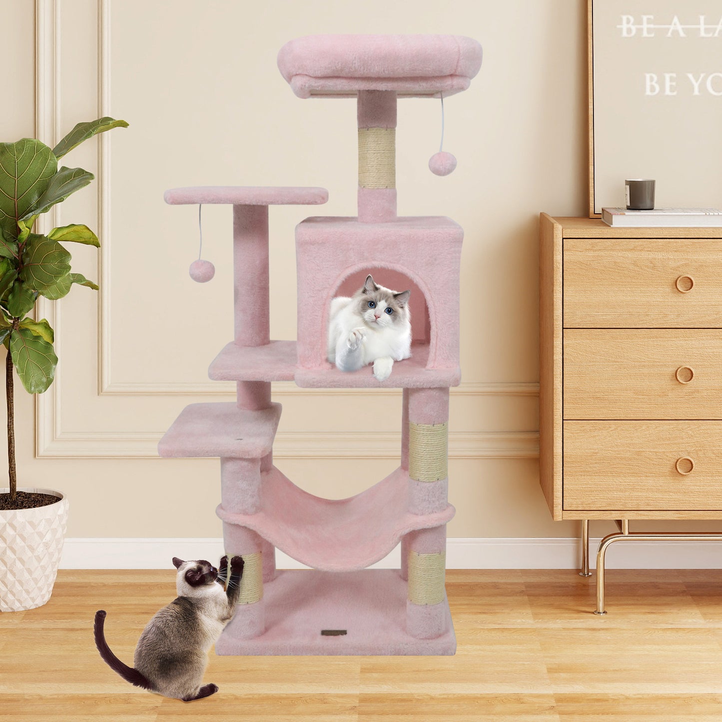 Multi-Level Cat Tower with 2-Door Condo and Padded Top Perch-Beige