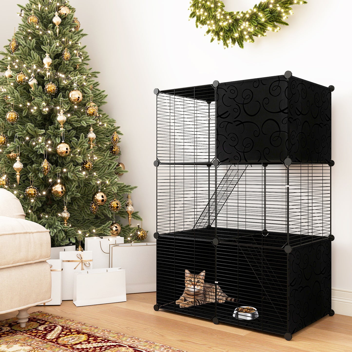 Multi-Level Cat Tower with 2-Door Condo and Hammock-Black