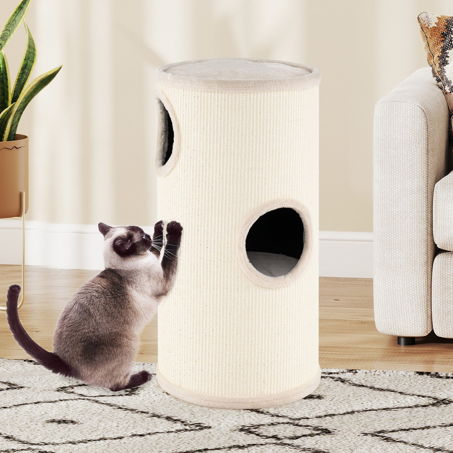 Multi-level Cat House with Sisal Scratching Pad-Beige