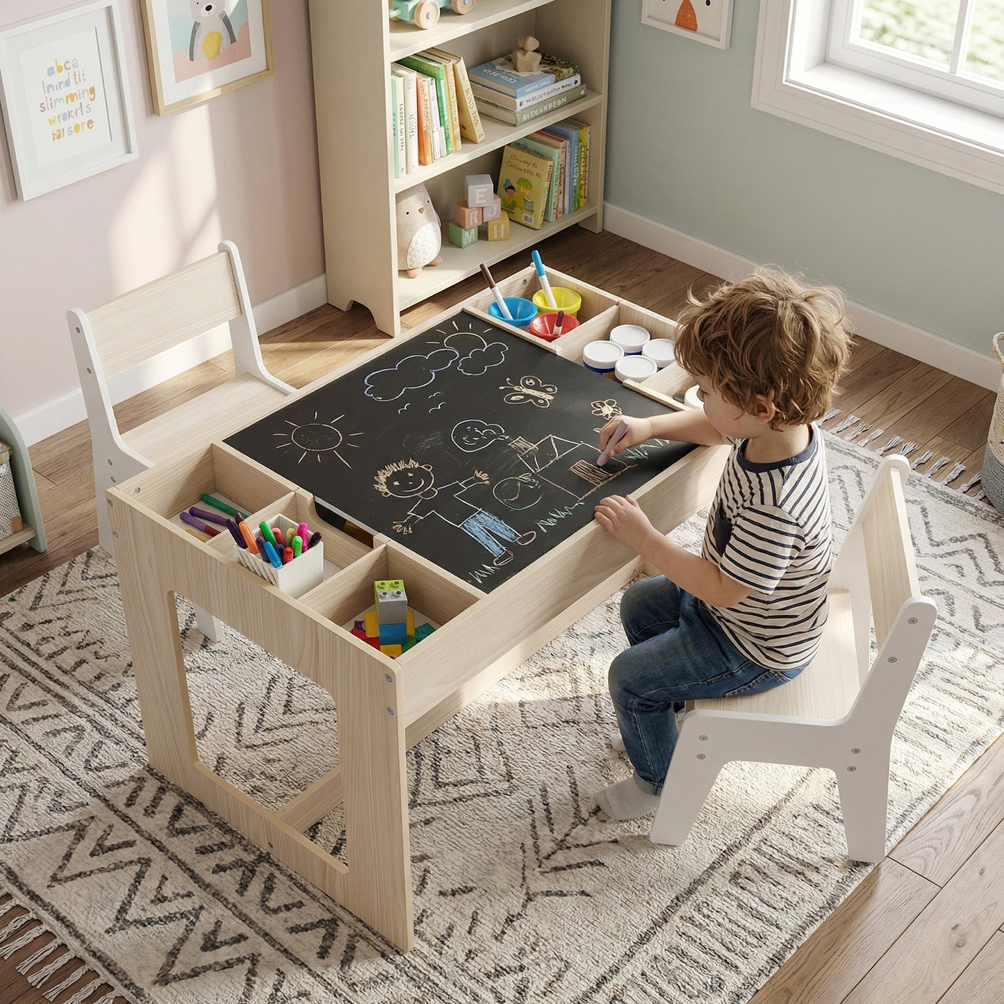 Multifunctional Kids Table and 2 Chairs Set with Chalkboard-Gray